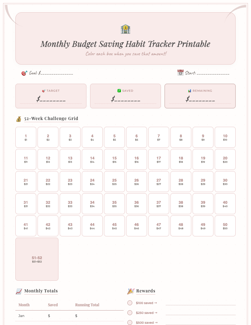 Vintage-style monthly budget saving habit tracker printable PDF featuring sections for income, expenses, savings goals, and a grid for daily habit tracking, designed with clear, uncluttered elements in muted, charming colors for an ADHD-friendly experience.
