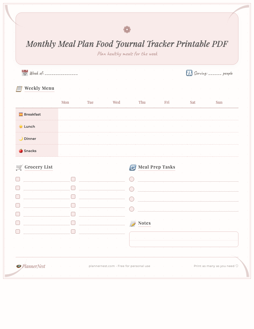 A clean, minimalist monthly meal plan food journal printable PDF template. It features a monthly overview calendar grid at the top and daily sections below for tracking meals, snacks, water intake, and notes for each day.