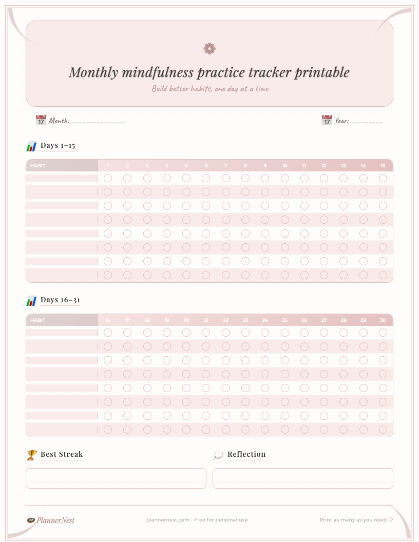Vintage-style monthly mindfulness practice tracker printable PDF for students, featuring ornate borders, a classic script font, dedicated daily sections for practice type, duration, and reflection, all set on a subtly textured background.