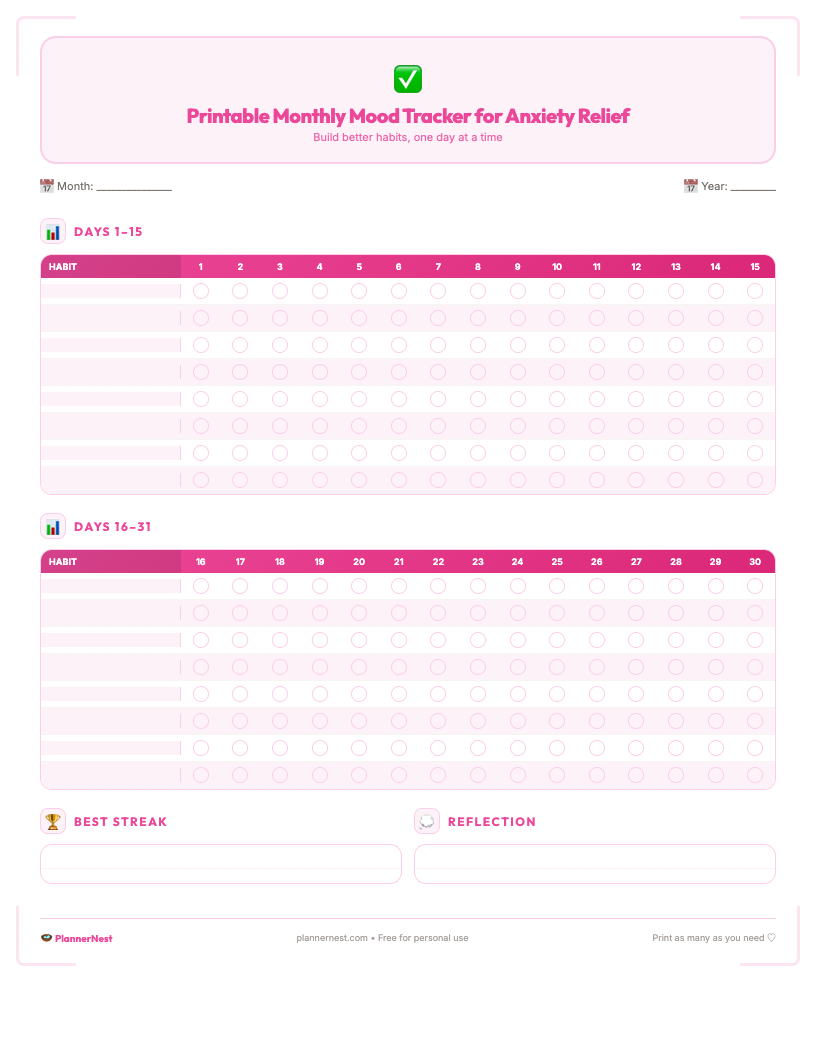 Aesthetic printable monthly mood tracker for anxiety relief, featuring a clean, minimalist design with a grid for daily entries, a customizable mood key section, and dedicated space for monthly reflections, all on a simple white background.