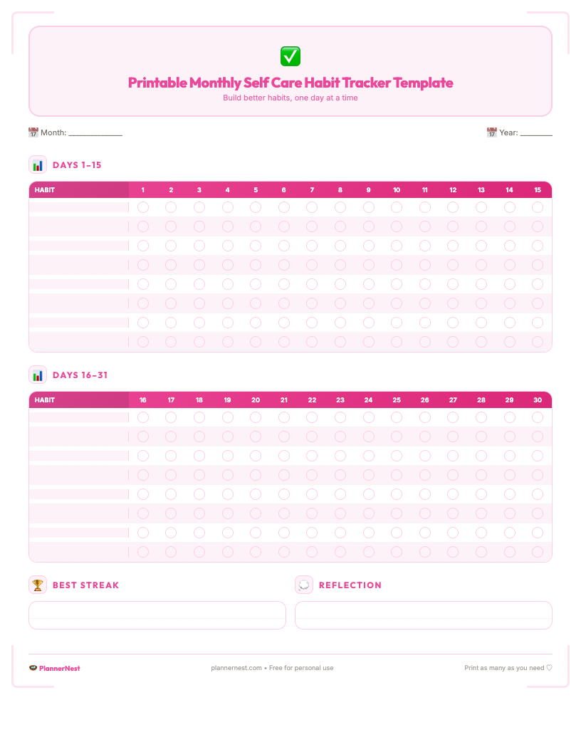 Minimalist printable monthly self care habit tracker template showing space for writing 7 habits, an undated grid for daily tracking across 31 days, and a small section for notes, designed for clarity and ADHD focus.