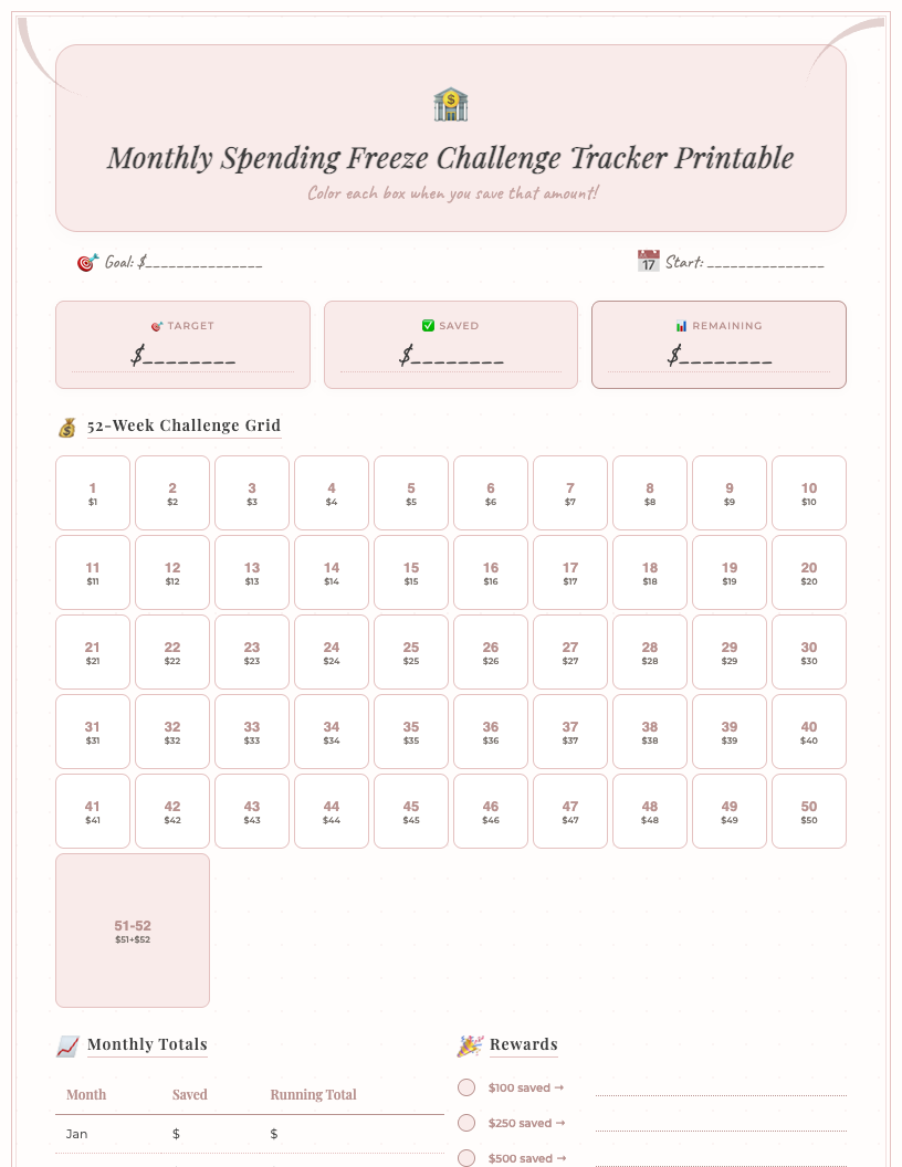 Vintage-style monthly spending freeze challenge tracker printable PDF, featuring a calendar grid to mark no-spend days, dedicated sections for monthly goals and reflections, all adorned with classic fonts and elegant borders in a sepia-toned aesthetic.