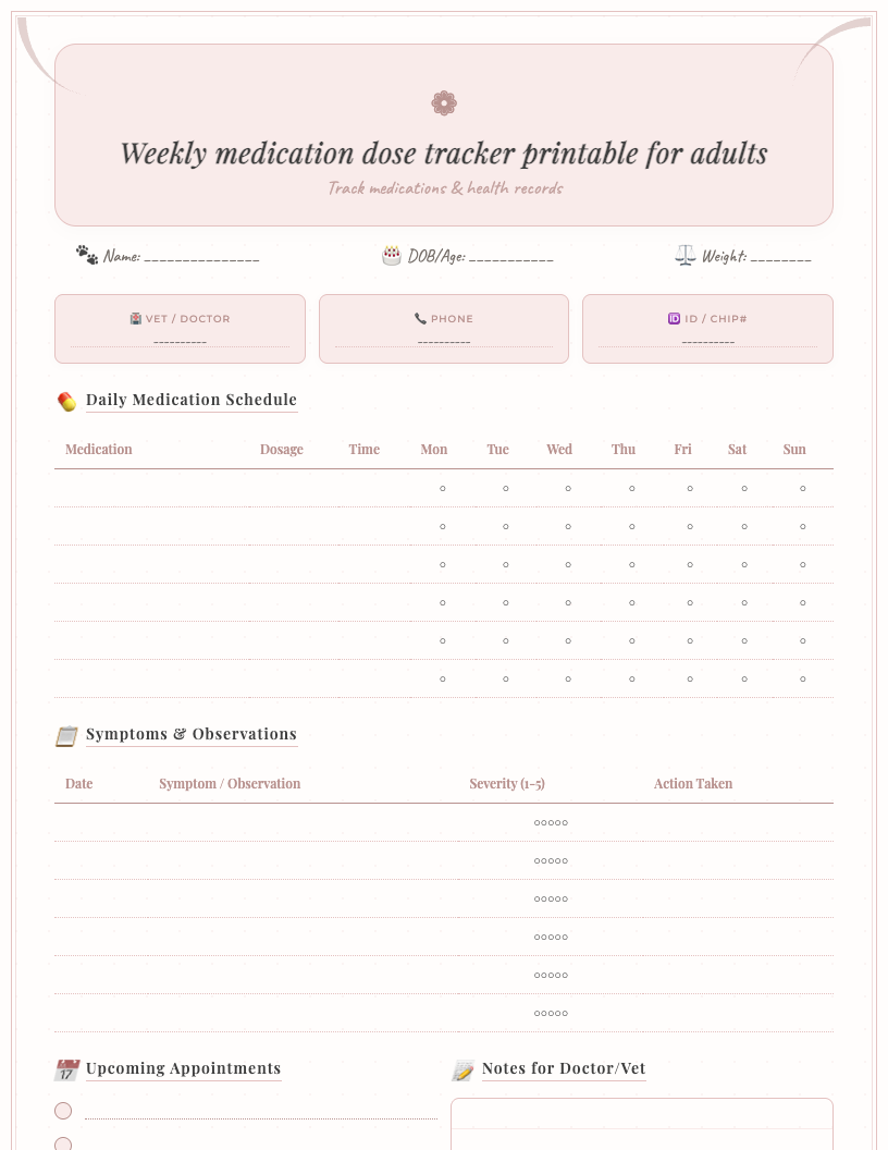 Boho style weekly medication dose tracker for adults printable PDF, featuring sections for medication name, daily dose times (morning, noon, evening, night), checkboxes, and a dedicated notes area, all in a clean, earthy design.