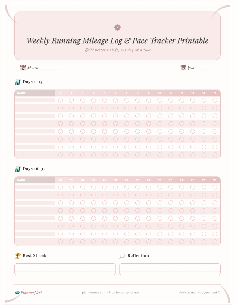 A boho-style weekly running mileage log and pace tracker printable showing sections for date, distance, time, pace, and notes, with earthy tones and minimalist plant illustrations.