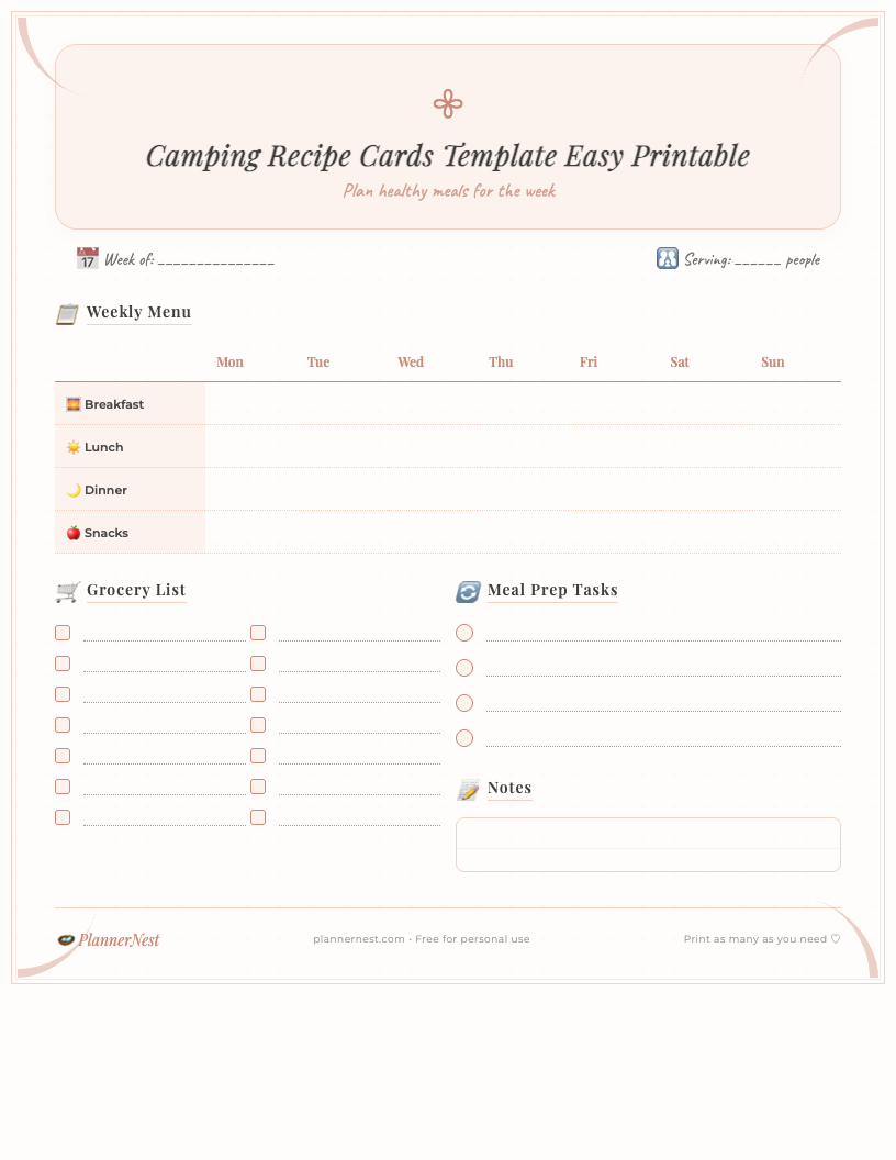 A clean and minimalist preview of the free printable camping recipe cards template easy to use. The card features clear sections for 'Recipe Name', 'Ingredients', 'Instructions', 'Servings', and 'Prep Time' in a functional, aesthetic design, ready for handwritten details for organizing outdoor meals.