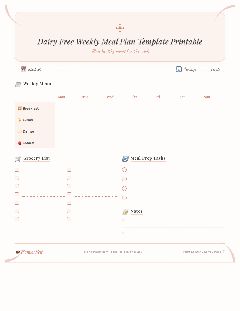 Boho style dairy free weekly meal plan template printable showing a week's worth of breakfast, lunch, dinner, and snack sections, plus a grocery list and notes, all in a soft, earthy aesthetic.