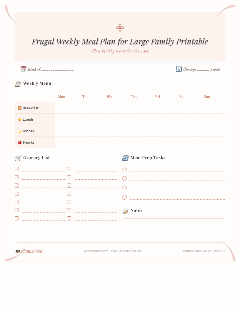 Preview image of a clean, minimalist frugal weekly meal plan for large family printable, showing a grid for Monday-Sunday meals, dedicated sections for breakfast, lunch, dinner, snacks, an integrated grocery list area, and a notes section at the bottom.