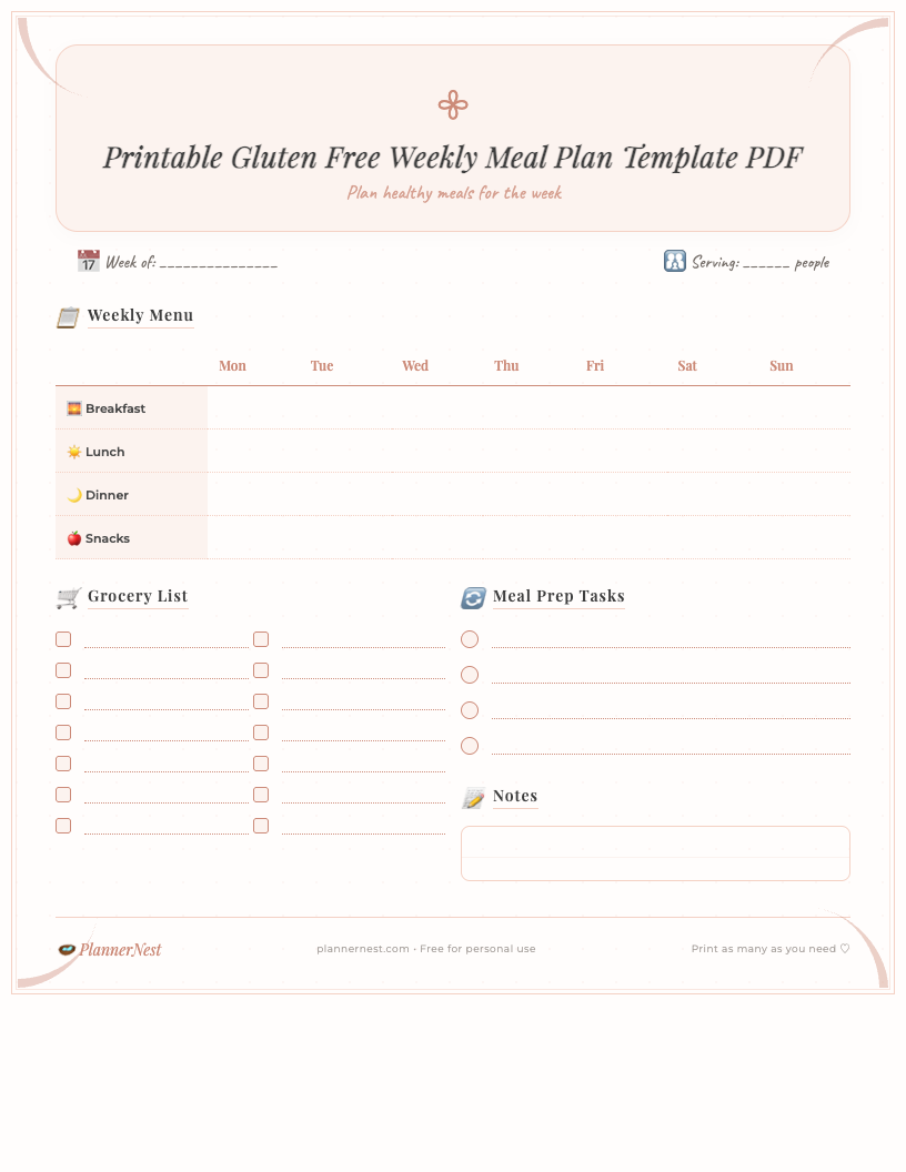 A clean, simple free printable gluten free weekly meal plan template PDF showing days of the week, meal slots for breakfast, lunch, dinner, and snacks, alongside a grocery list and a notes section. The design is minimalist and ready for parents to plan family meals.