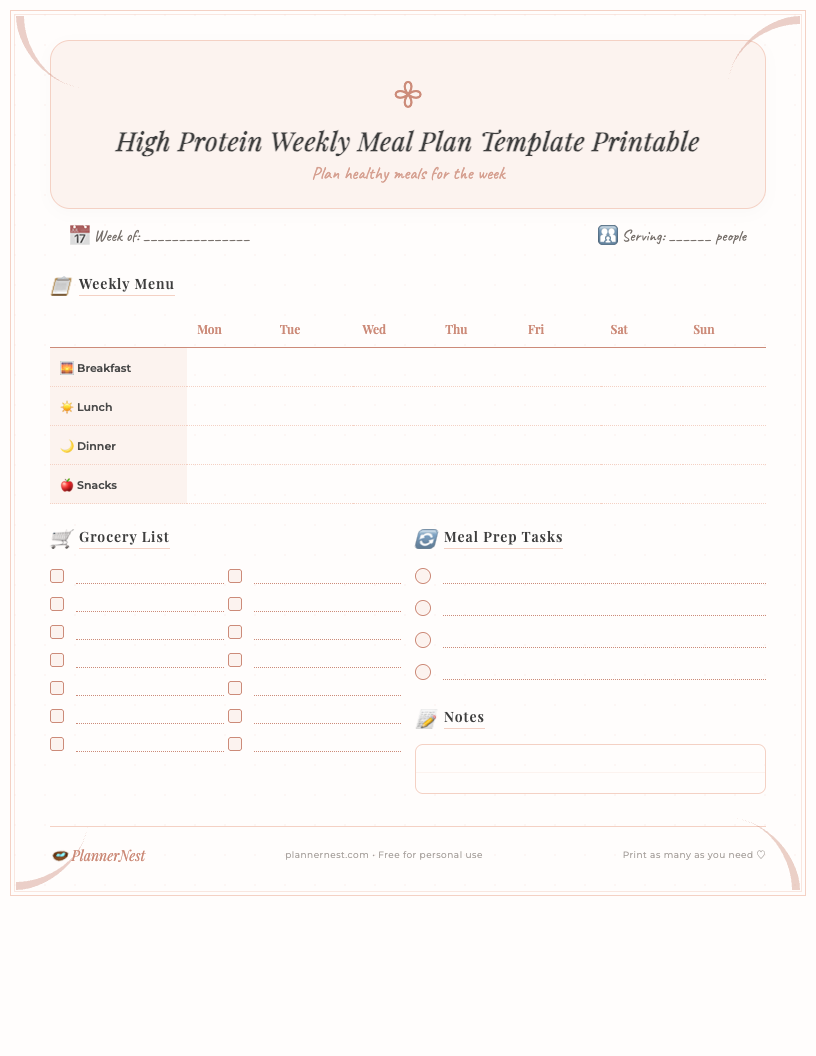 Preview image of a dark-themed high protein weekly meal plan template printable, showing sections for Monday to Sunday, Breakfast, Lunch, Dinner, Snacks, a grocery list, and a notes section, filled with example high-protein foods.