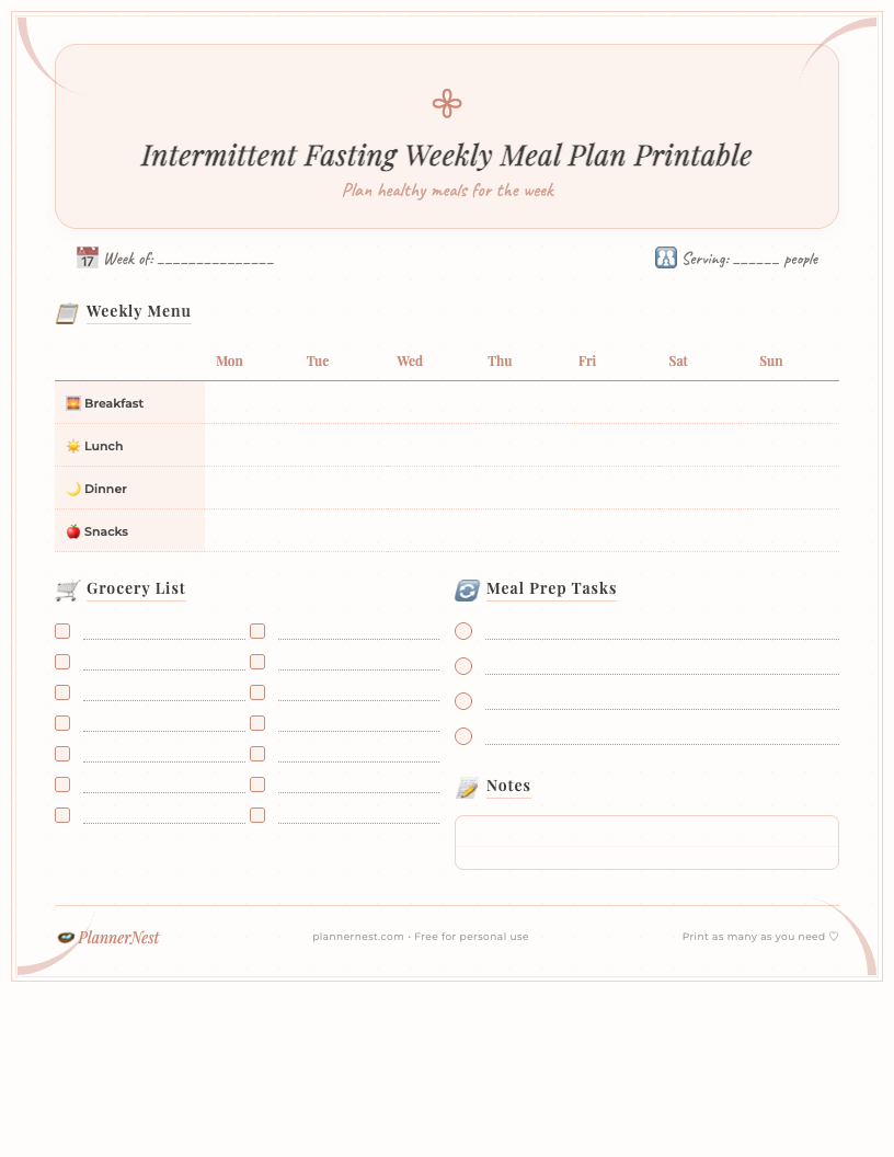 Minimalist weekly intermittent fasting meal plan printable in PDF format, showing sections for breakfast, lunch, dinner, snacks, fasting window, water tracker, grocery list, and notes. Clean white background with black text and simple grid lines, designed for busy parents.