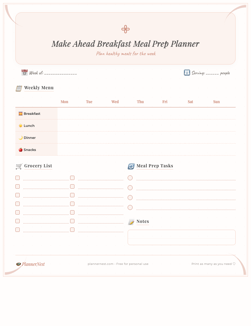 Preview of the free printable make ahead breakfast meal prep planner PDF, showing a clean, minimalist design with sections for weekly meal ideas, grocery list, and prep notes.