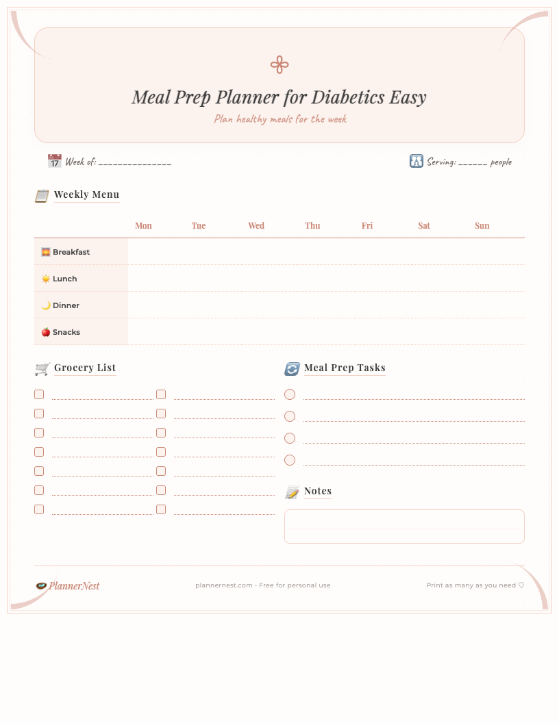 Vintage-style free printable meal prep planner for diabetics, featuring muted colors, elegant fonts, and dedicated sections for weekly meals, snacks, grocery list, and notes, all in an easy-to-read layout.