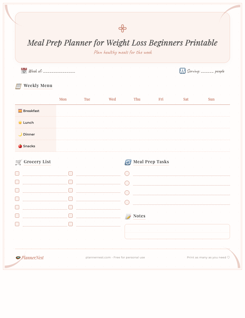 Aesthetic printable meal prep planner for weight loss beginners, featuring a clean layout with sections for weekly meals (breakfast, lunch, dinner, snacks), an integrated grocery list, and a dedicated notes section, all in a soft, minimalist design.