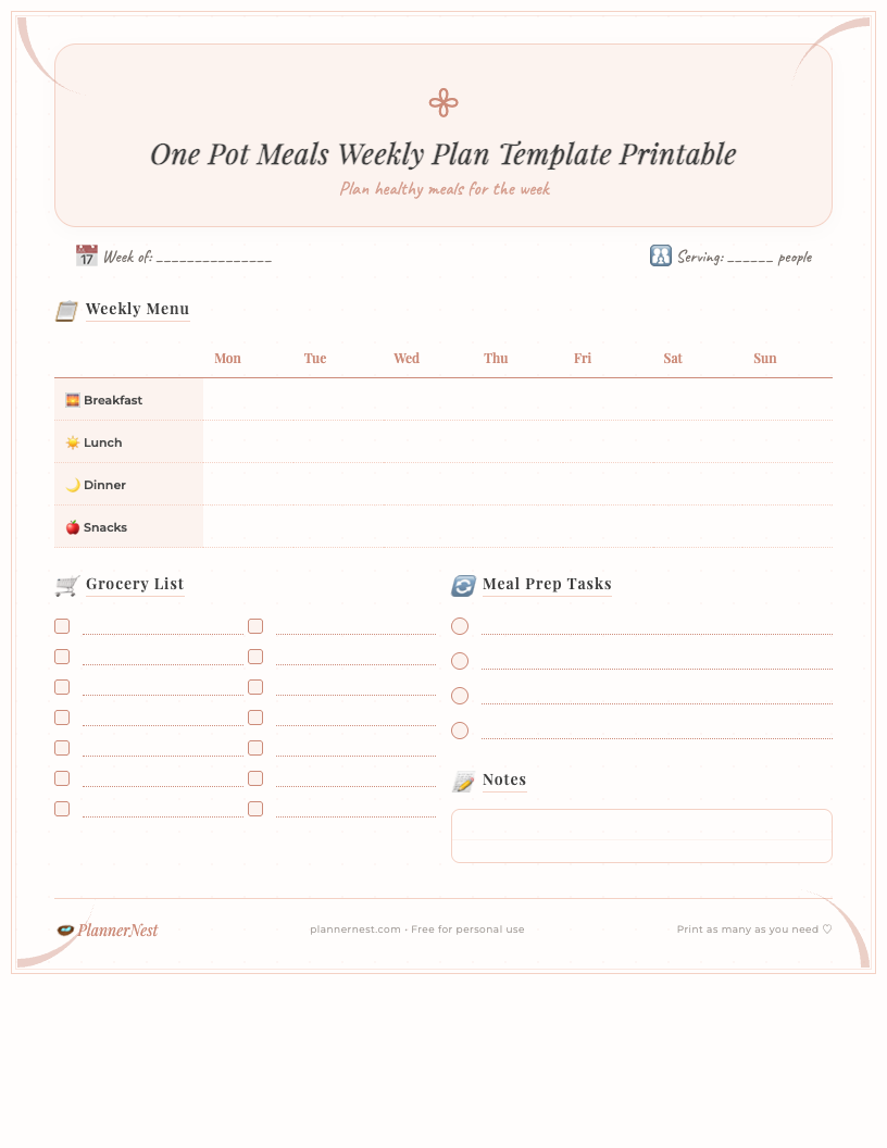 Aesthetic one pot meals weekly plan template printable, featuring a clean layout with pastel colors. Shows a 7-day schedule (Monday-Sunday) for planning dinner, a dedicated grocery list section, and an area for notes, perfect for organizing family meals.