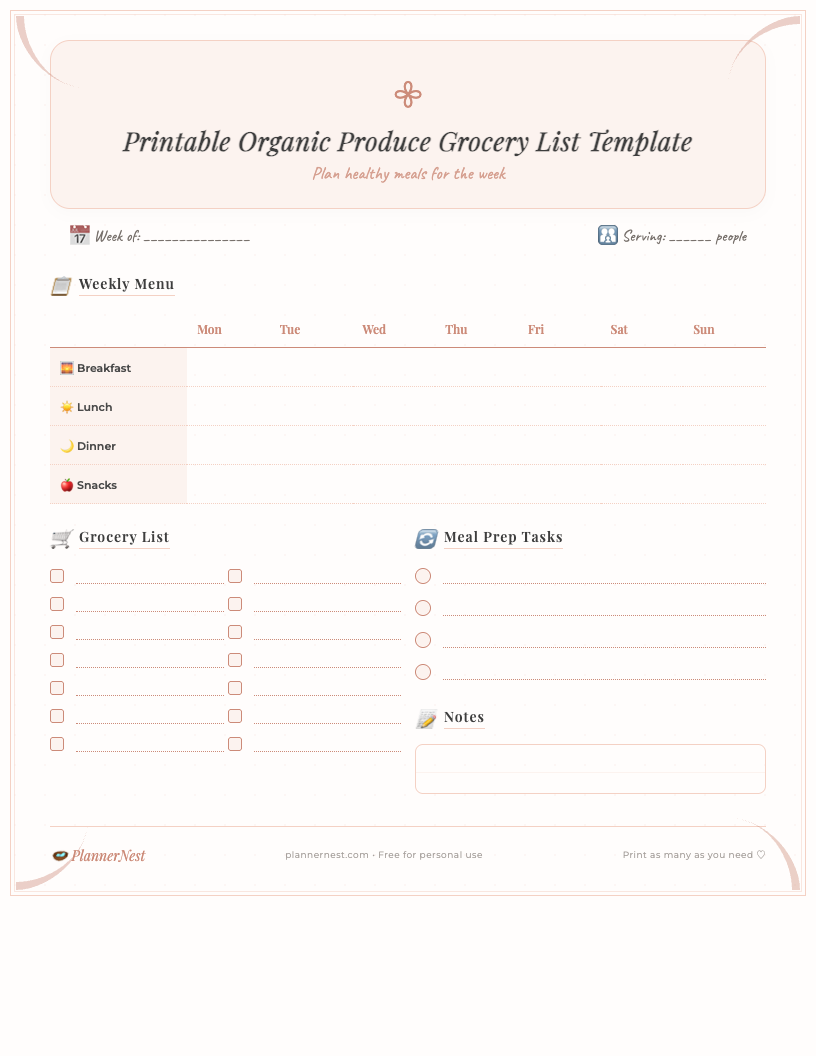 Aesthetic organic produce grocery list printable template in PDF format, featuring categorized sections for fruits, vegetables, herbs, and dairy/other. Includes columns for quantity, item name, and notes, with a clean, minimalist design suitable for parents.