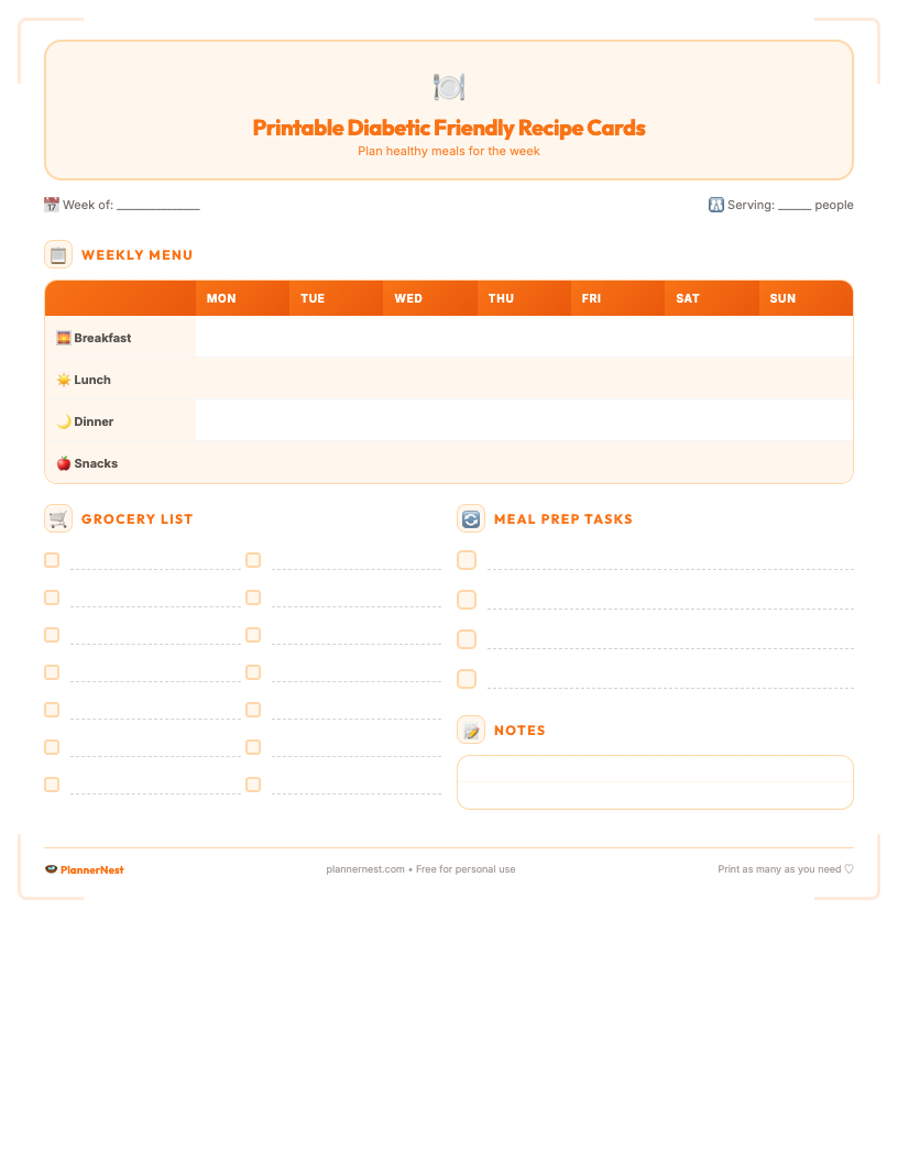 Preview image of minimalist printable diabetic friendly recipe cards, showing a clean layout with spaces for recipe name, ingredients, instructions, prep/cook time, servings, and a dedicated section for nutritional notes. The design is simple and functional, ready to be filled out by hand.