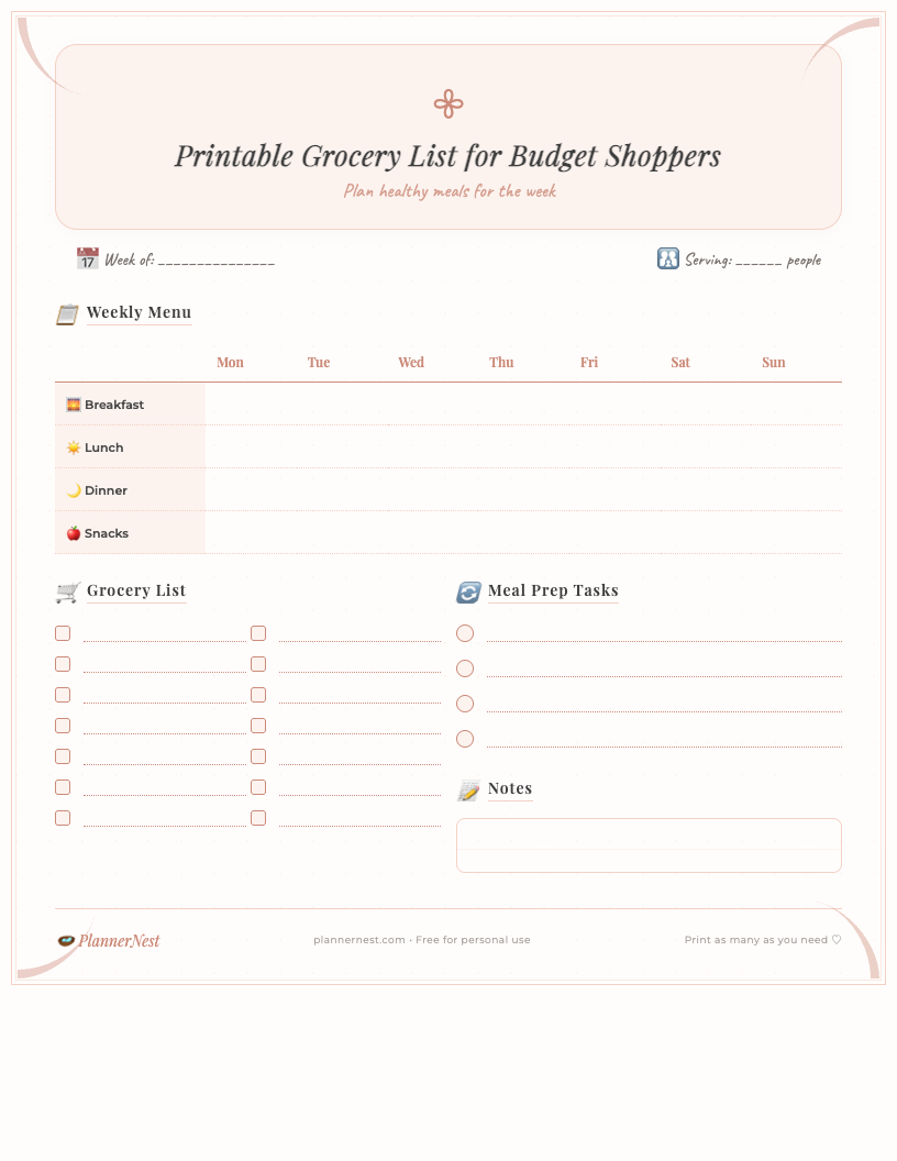 A vintage-style free printable grocery list for budget shoppers, featuring neat handwritten-look categories for produce, dairy, pantry, and more, with ample space for quantities and notes, set against a faded, old-paper background.
