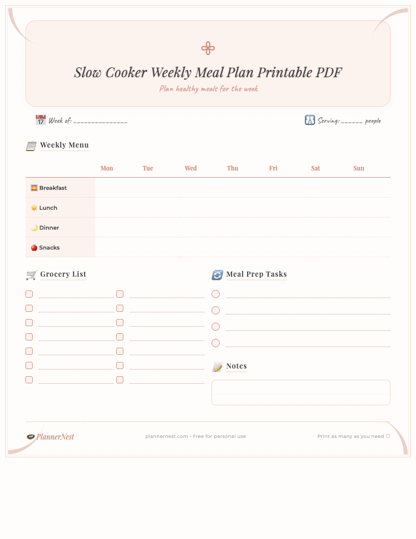Minimalist free printable slow cooker weekly meal plan PDF template showing a clean layout with days of the week, sections for breakfast, lunch, dinner, snacks, and a dedicated grocery list on the side. Perfect for students.