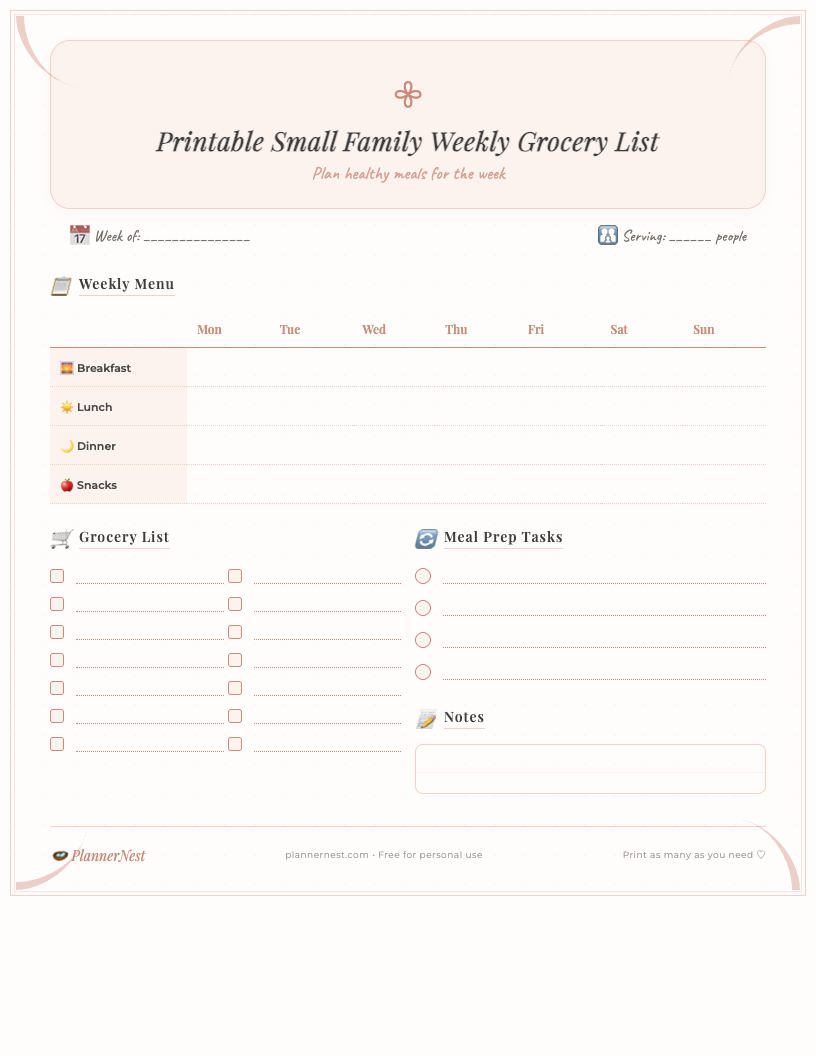 Boho-style printable small family weekly grocery list template in PDF format, featuring categorized sections for produce, dairy, pantry, meat, and household items, with ample writing space and a decorative, earthy floral border.