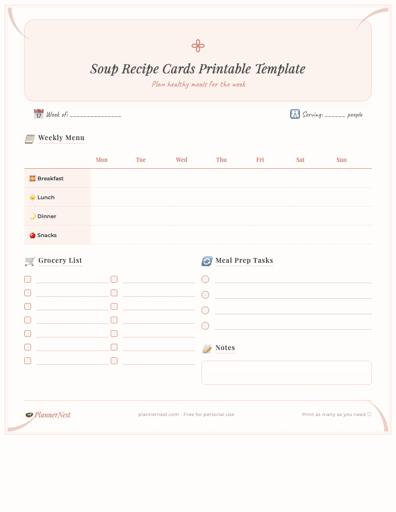 A clean, minimalist 4x6 inch soup recipe cards printable template showing sections for recipe name, prep/cook time, servings, ingredients, instructions, and notes, with a simple border.