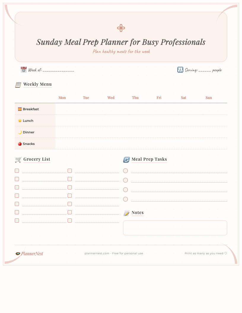 Cute pastel-themed printable Sunday Meal Prep Planner featuring sections for weekly breakfast, lunch, dinner, snacks, a detailed grocery list, and dedicated meal prep steps, ideal for busy professionals and students to plan meals.