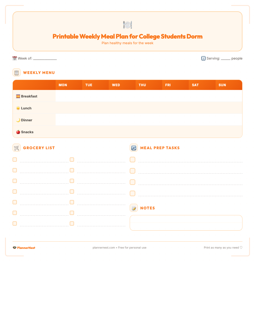 Minimalist free printable weekly meal plan template in PDF format showing sections for breakfast, lunch, dinner, and snacks for each day of the week, along with a dedicated grocery list area and space for notes or budget, designed for college students living in a dorm.
