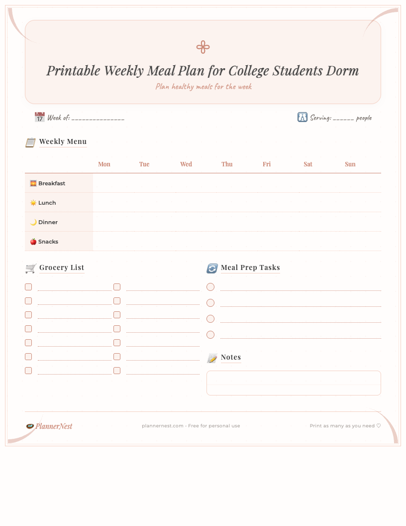 Minimalist free printable weekly meal plan template in PDF format showing sections for breakfast, lunch, dinner, and snacks for each day of the week, along with a dedicated grocery list area and space for notes or budget, designed for college students living in a dorm.