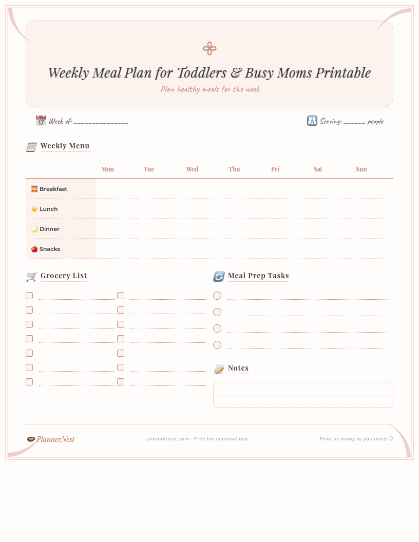 Dark-themed weekly meal planner printable showing days of the week, breakfast, lunch, dinner columns, a dedicated toddler snack section, and an integrated grocery shopping list on the side. Features a clean, modern design with bold headings.
