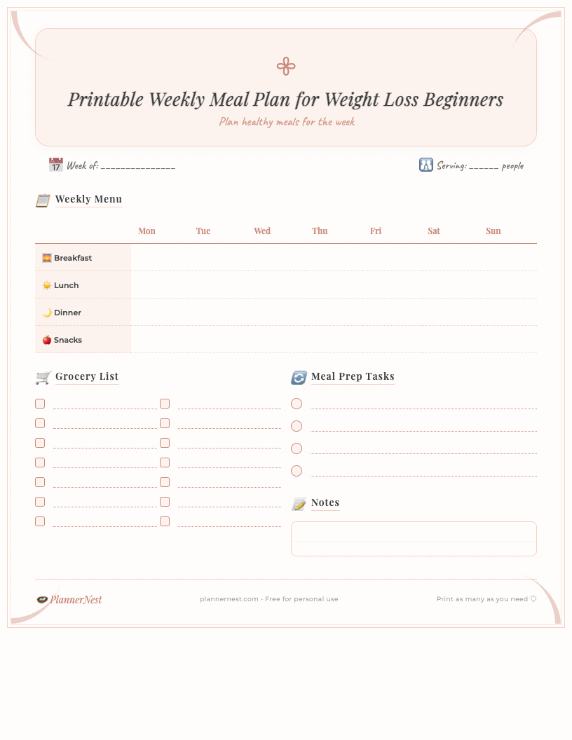 Boho-inspired free printable weekly meal plan for weight loss beginners showing daily meal slots, a hydration tracker, and a dedicated shopping list section, adorned with natural, muted colors and botanical accents.