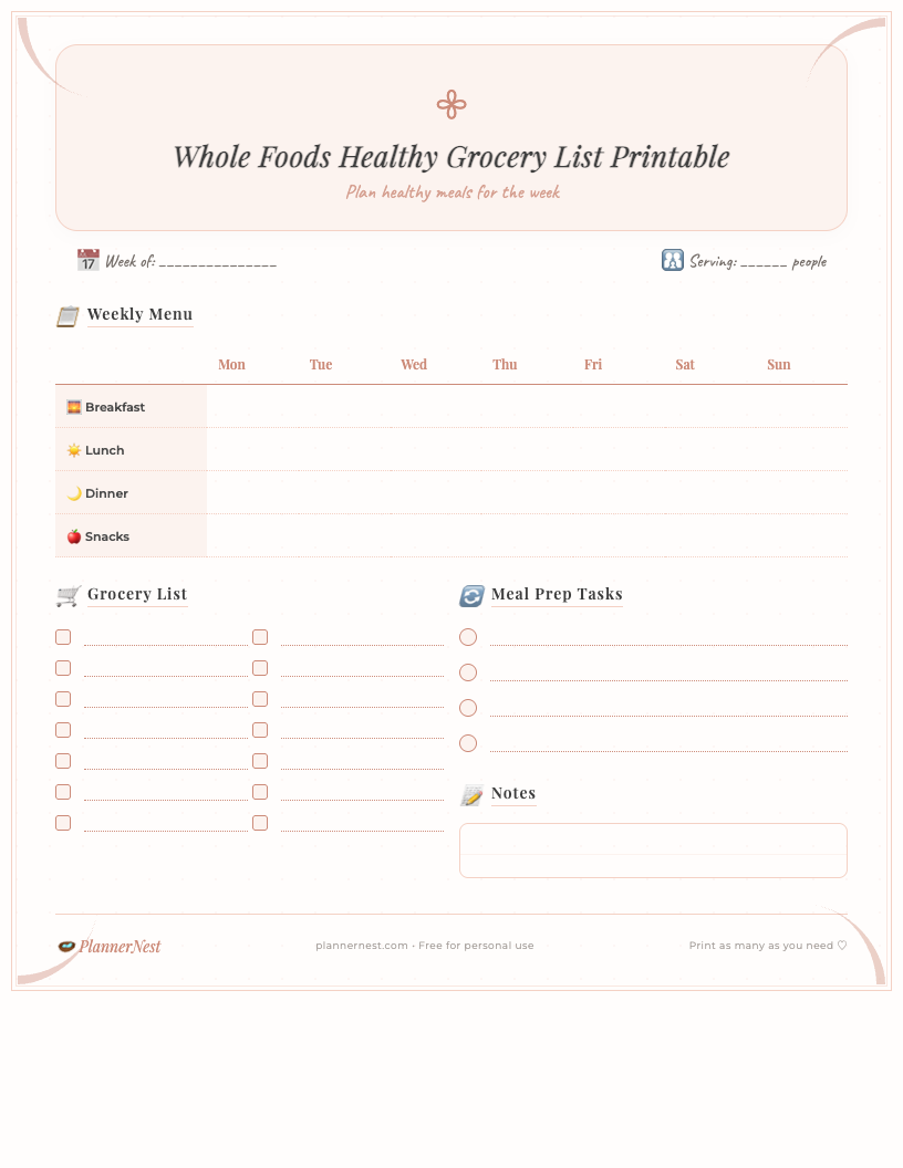 Preview image of a boho-style Whole Foods Healthy Grocery List printable PDF, featuring categorized sections for produce, proteins, dairy, grains, and pantry items, adorned with decorative leaf elements in muted tones.