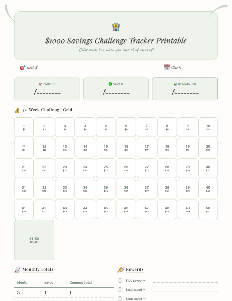 Aesthetic free printable 1000 dollar savings challenge tracker PDF, featuring a clean, minimalist design with 50 empty squares for coloring, space for goal, start/end dates, and a notes section, ideal for freelancers.