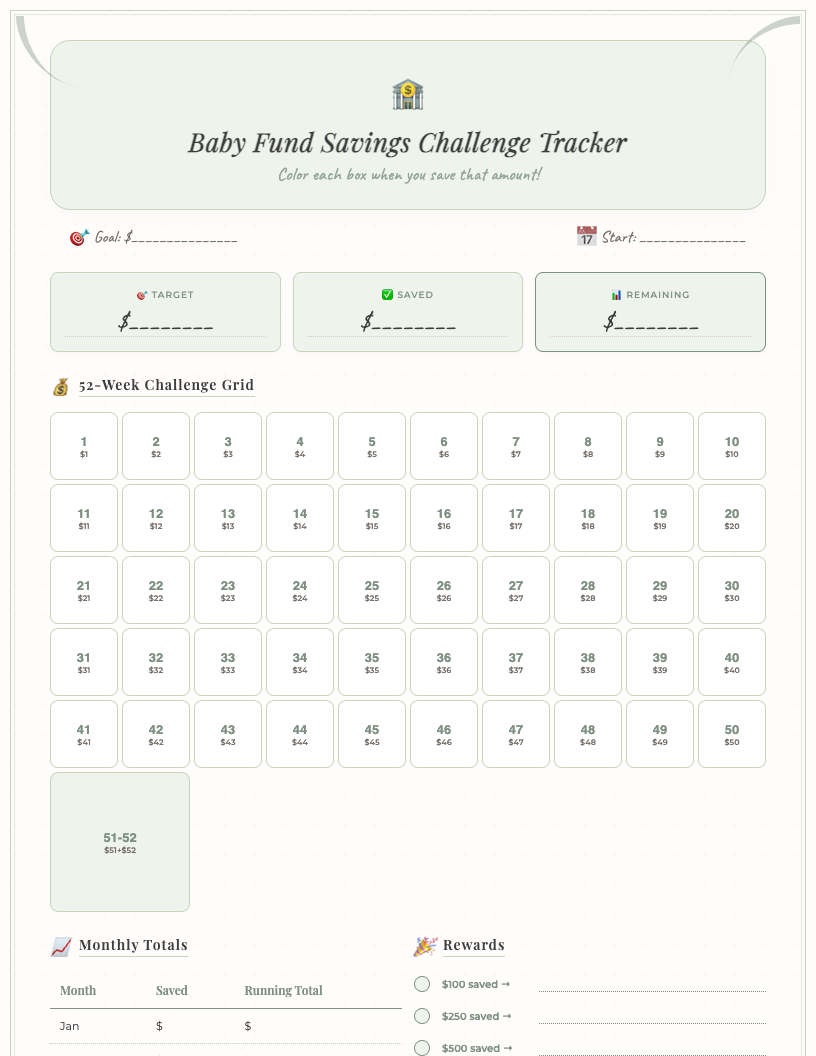 Vintage-style baby fund savings challenge tracker showing multiple labeled sections for coloring in as savings milestones are met, set against a warm, muted background with baby-themed illustrations.