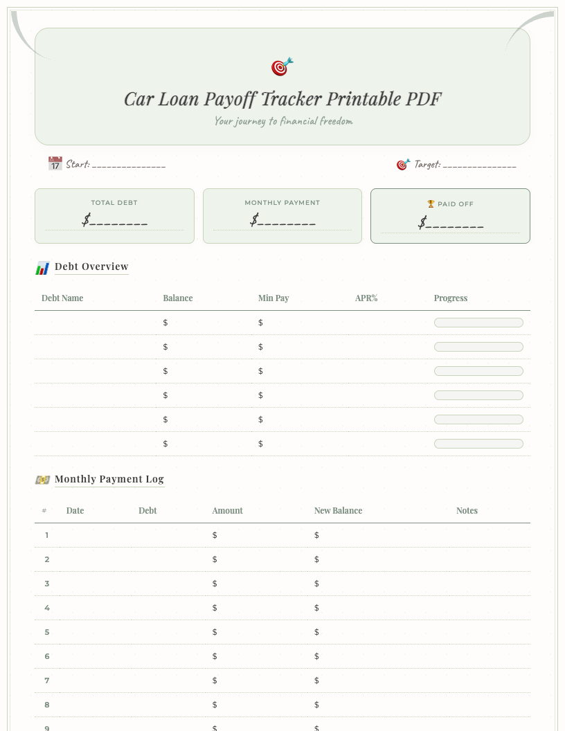 A clean, white Car Loan Payoff Tracker Printable PDF featuring a stylized car driving towards a finish line, sections for 'Original Loan Amount', 'Interest Rate', 'Monthly Payment', a payment log with 'Date', 'Amount Paid', 'Remaining Balance' columns, and a visual progress bar for tracking payments.