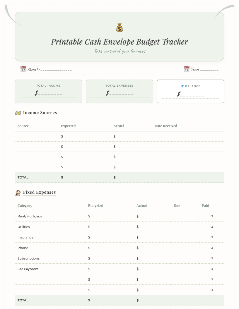 Vintage-style free printable cash envelope budget tracker PDF with clear columns for budget categories, budgeted amount, actual spending, and notes. The design is elegant and minimalist, perfect for professionals to manage finances.