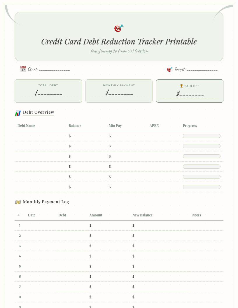 Free printable credit card debt reduction tracker PDF showing sections for debt names, balances, interest rates, payment dates, amounts, and remaining balance. Clean, simple design with a focus on progress tracking.