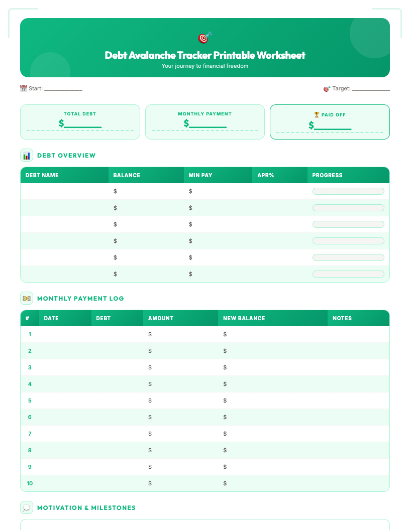 A clean, minimalist preview image of the Debt Avalanche Tracker Printable Worksheet. It displays sections for listing multiple debts with columns for 'Creditor', 'Balance', 'Minimum Payment', 'Interest Rate', and a visual progress bar or checkboxes to track payment progress towards debt payoff.
