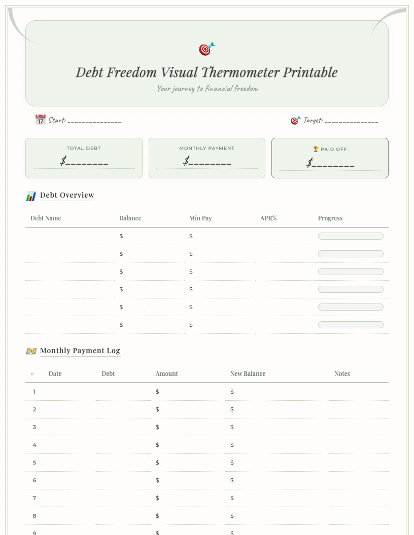 Minimalist debt freedom visual thermometer printable showing a blank thermometer scale, space for total debt, goal, and progress tracking, designed for professionals.