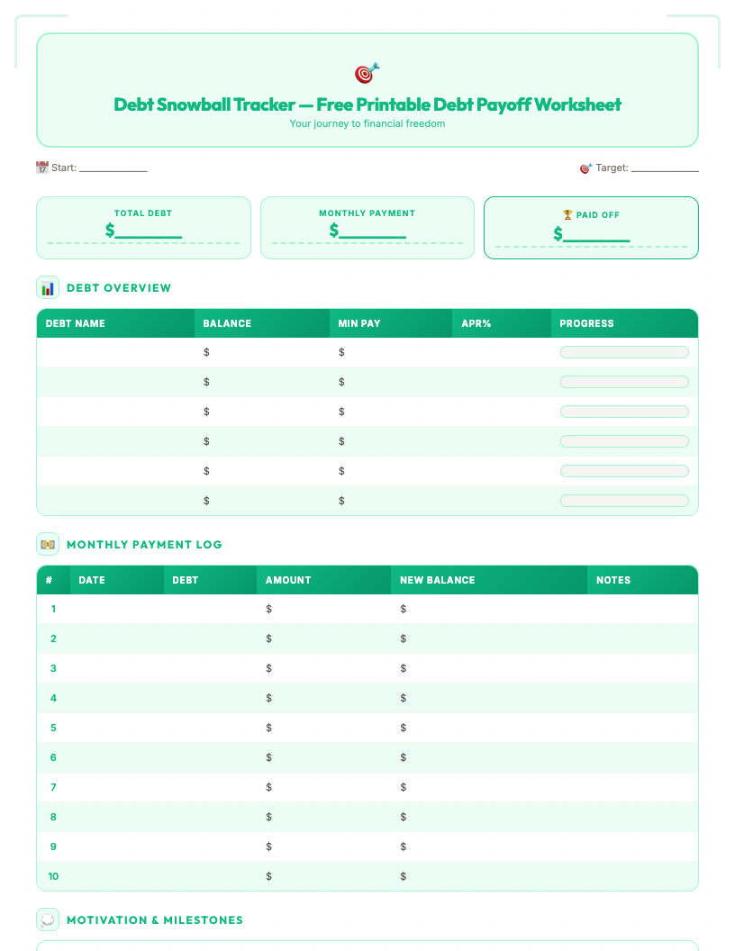 Free printable debt snowball tracker with debt list, monthly payment grid, visual progress bars, and milestone celebration sections