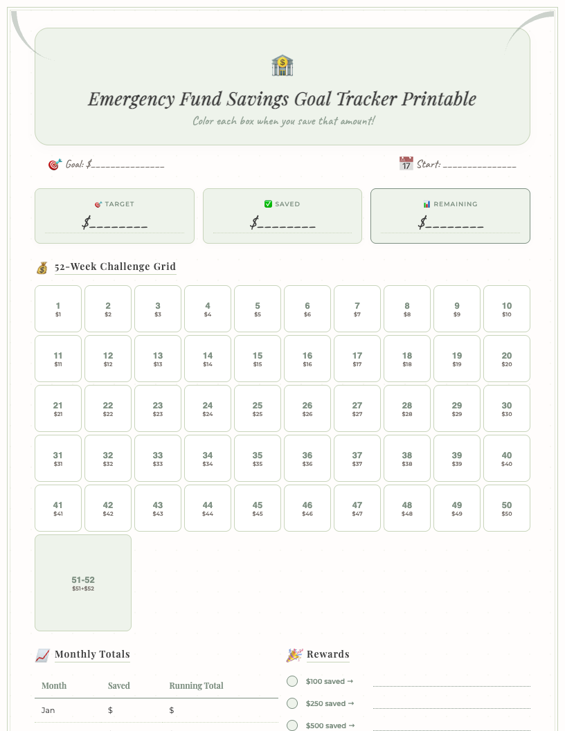 Vintage-style Emergency Fund Savings Goal Tracker printable for professionals, featuring a detailed progress bar, sections for goal amount and target date, decorative borders, and space for notes. Free PDF download for financial planning.