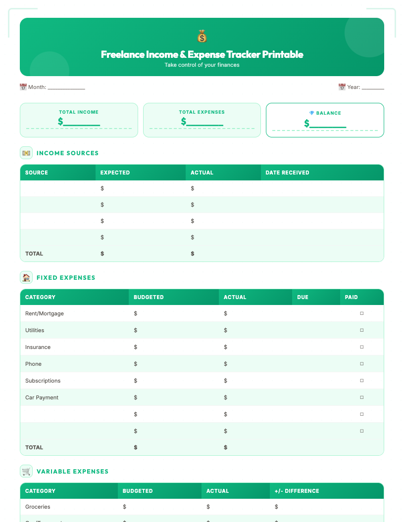 Vintage-style freelance income and expense tracker printable page, showing sections for monthly income, detailed expenses, client projects, and notes. The design features classic fonts, subtle aged paper texture, and clean layout, perfect for students managing side hustle finances.