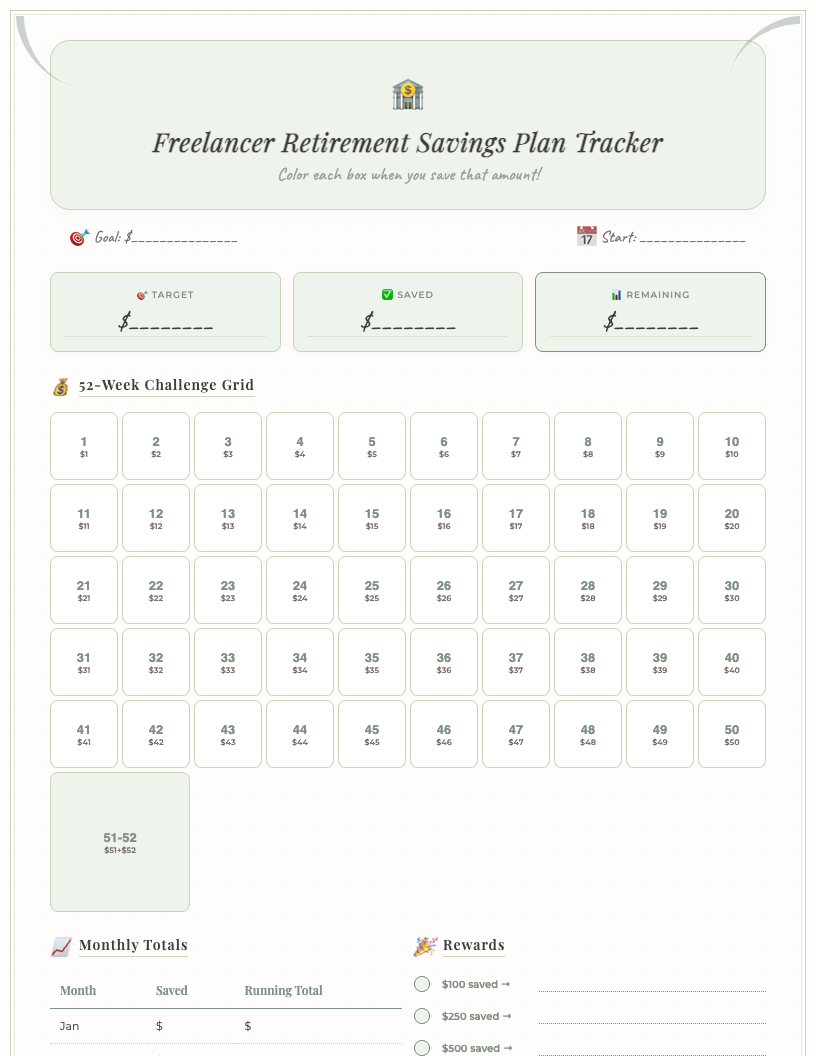 A clean, minimalist freelancer retirement savings plan tracker printable. Features sections for annual goals, contribution log, account balances, investment growth, and notes, all clearly laid out on a white background with black text.