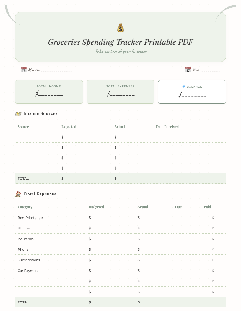 Preview of a clean groceries spending tracker printable PDF, showing columns for Date, Store/Location, Items Purchased, Amount Spent, Payment Method, and a monthly total section. The design is minimalist with clear headings and ample writing space.