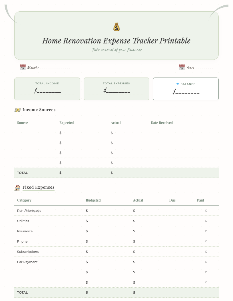 Cute home renovation expense tracker printable PDF showing columns for date, item/service, category, payment method, estimated cost, actual cost, variance, and notes, with a summary section for totals. The design features a clean, organized layout with minimalist icons and a soft, professional color palette.
