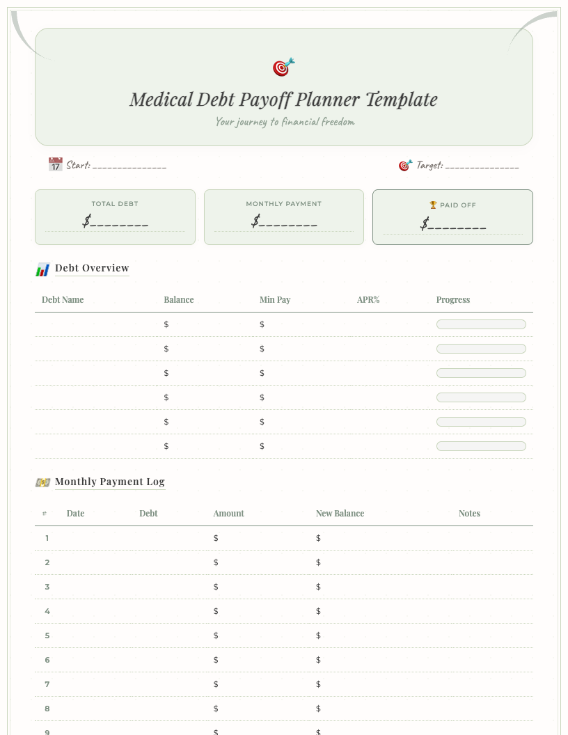 Minimalist free printable medical debt payoff planner template showing sections for debt overview, payment tracking, and goal setting, with clean lines and a simple design on a white background.