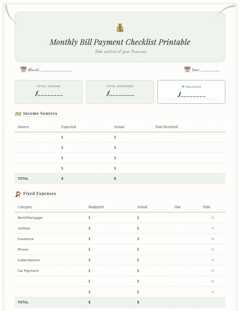 A digitally rendered preview of a cute and functional monthly bill payment checklist printable template. The design is clean with subtle pastel accents, featuring columns for 'Month,' 'Bill Name,' 'Due Date,' 'Amount Due,' 'Amount Paid,' 'Date Paid,' 'Confirmation #,' 'Notes,' and a 'Paid' checkbox, all clearly laid out.