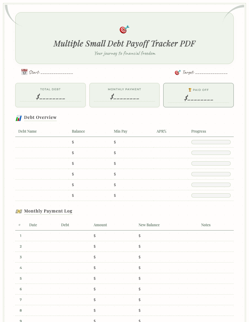 A minimalist free printable multiple small debt payoff tracker PDF showing sections for 'Debt Name', 'Original Balance', 'Minimum Payment', 'Target Payoff Date', and 'Payments Made' with progress lines, designed to help manage several small debts visually.
