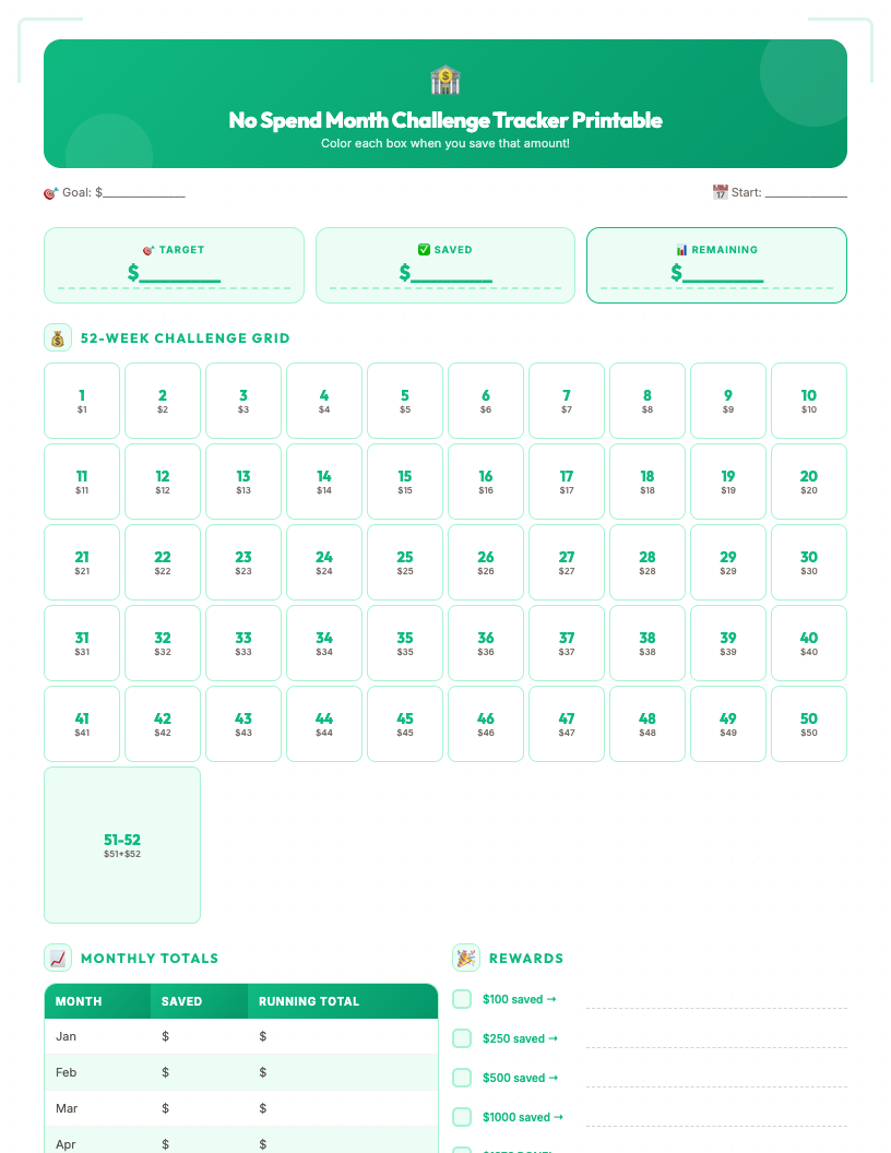 Dark style no spend month challenge printable showing a monthly calendar grid, sections for rules, goals, and reflections, designed for freelancers.