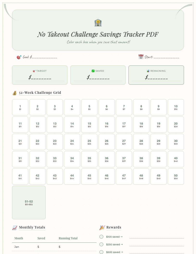 Boho-style No Takeout Challenge Savings Tracker PDF, featuring a monthly grid to color in each no-takeout day, leafy green accents, and spaces for goal setting and total savings. Designed for freelancers.