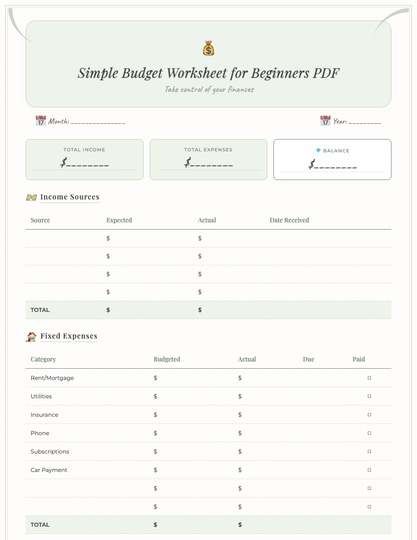 Preview of a simple budget worksheet for beginners PDF featuring clear, organized sections for income, fixed expenses, variable expenses, savings, and a summary. The design is minimalist with clean lines for easy use.