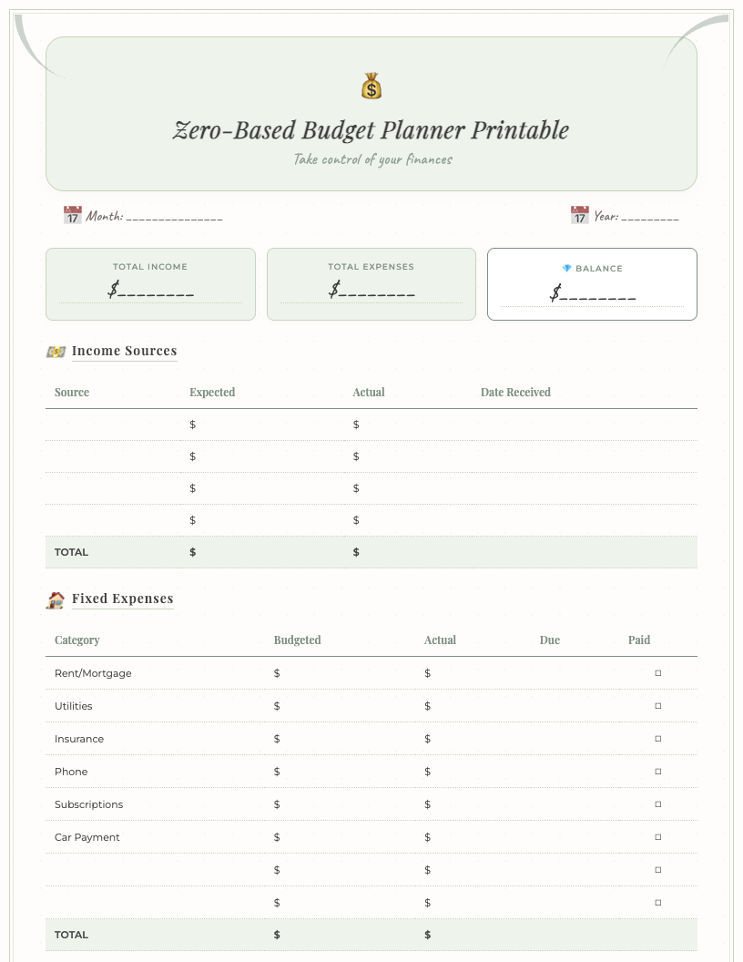 Preview of a dark-style zero based budget planner printable with sections for monthly income, fixed and variable expenses, planned vs actual columns, and a summary for comprehensive financial tracking, ideal for freelancers.